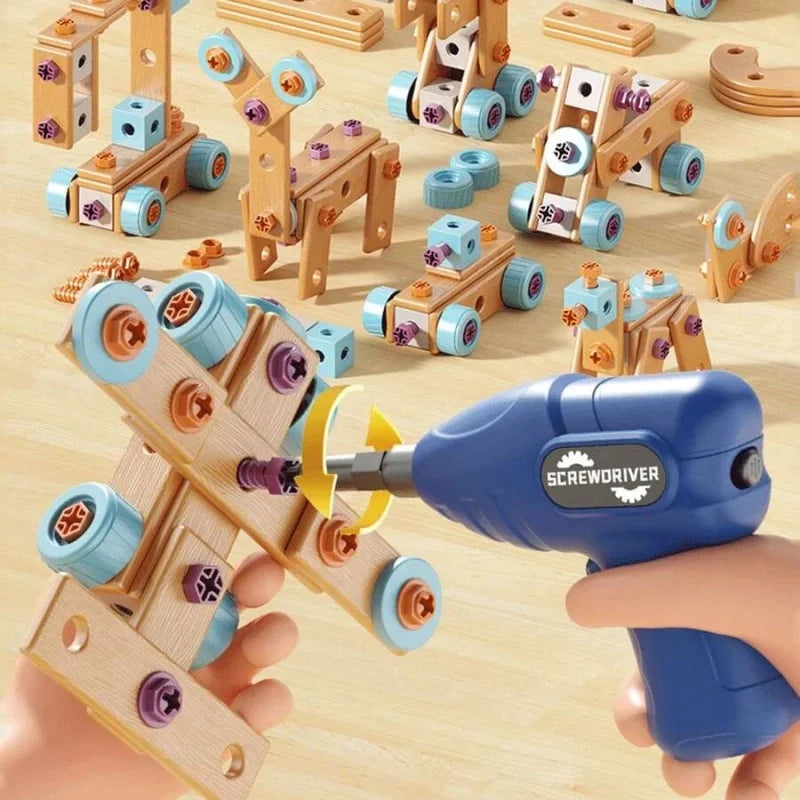 Kids Wooden Construction Tool Set with Electric Drill - 126 Pieces