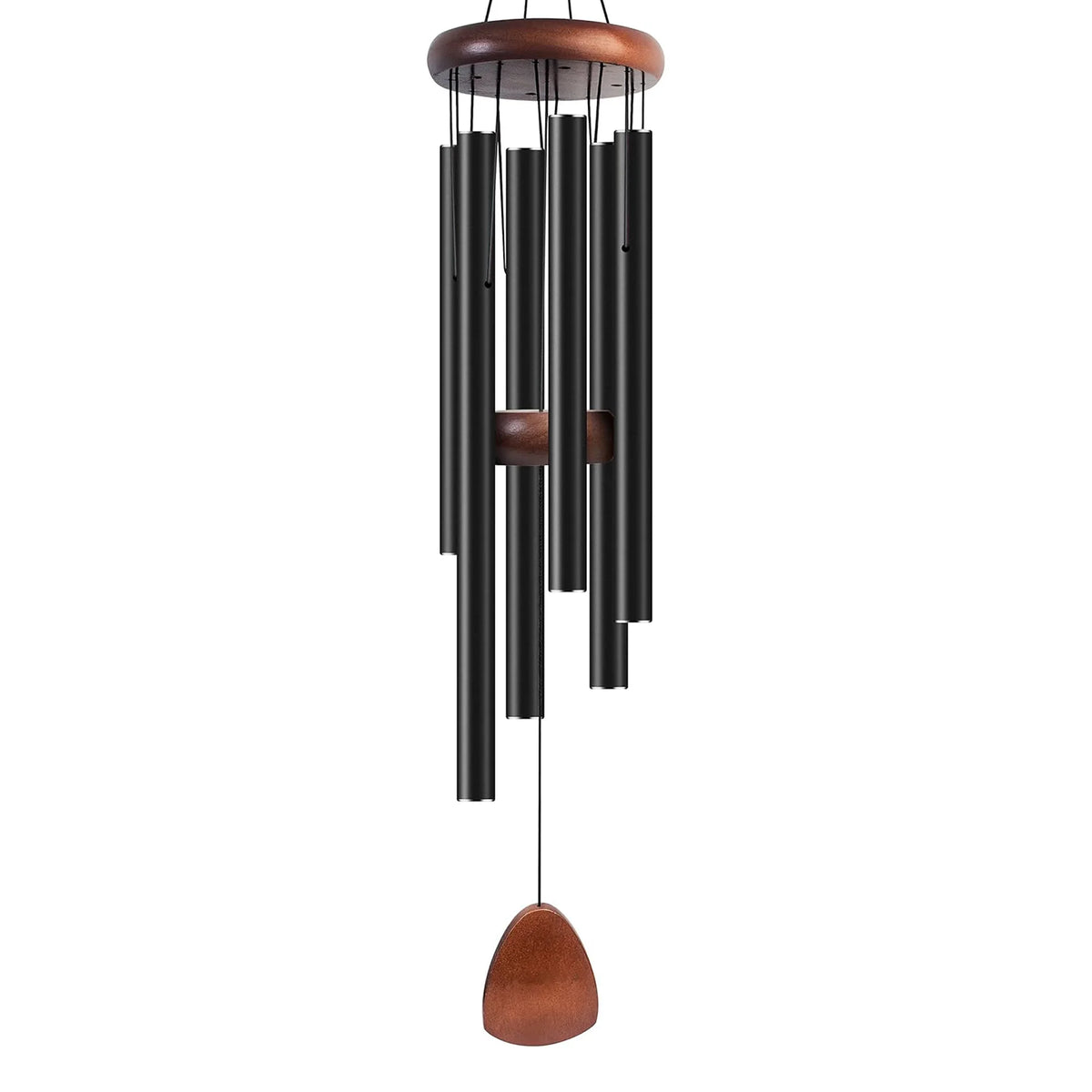 A hanging wind chime featuring dark metal tubes and a wooden top, suspended from a round wooden canopy.