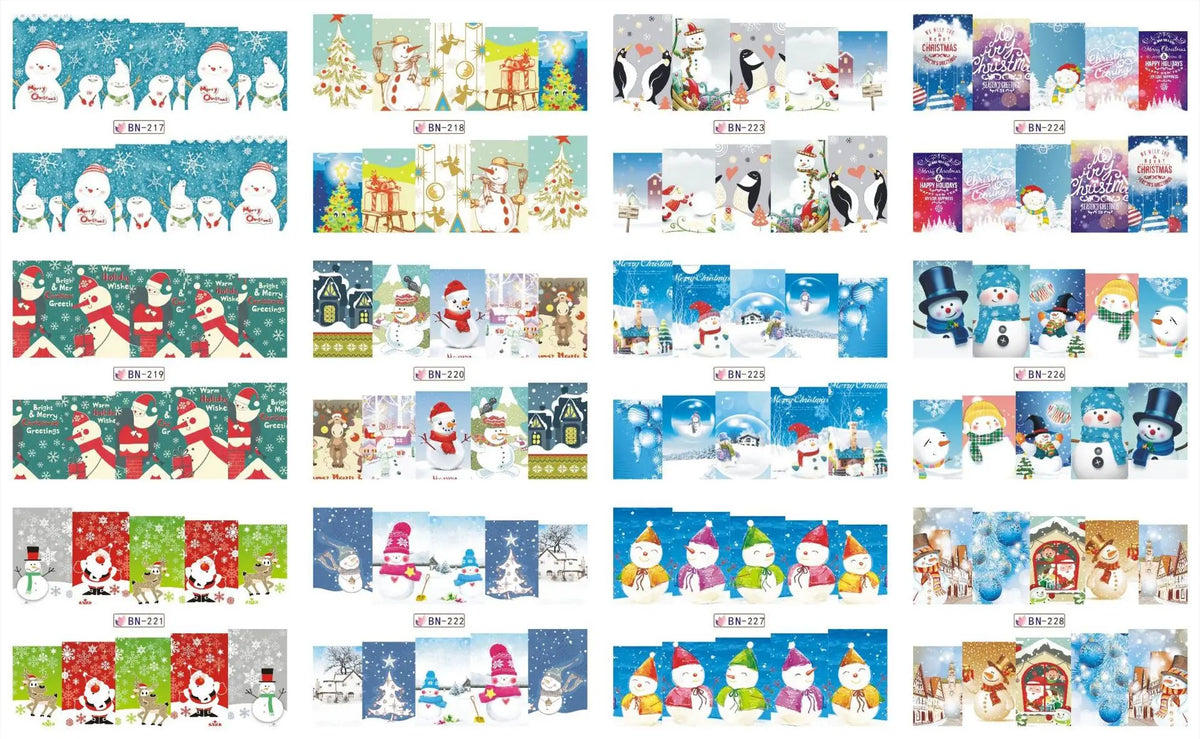 A collection of festive Christmas water transfer nail art stickers featuring snowmen, Santa figures, and winter scenes.