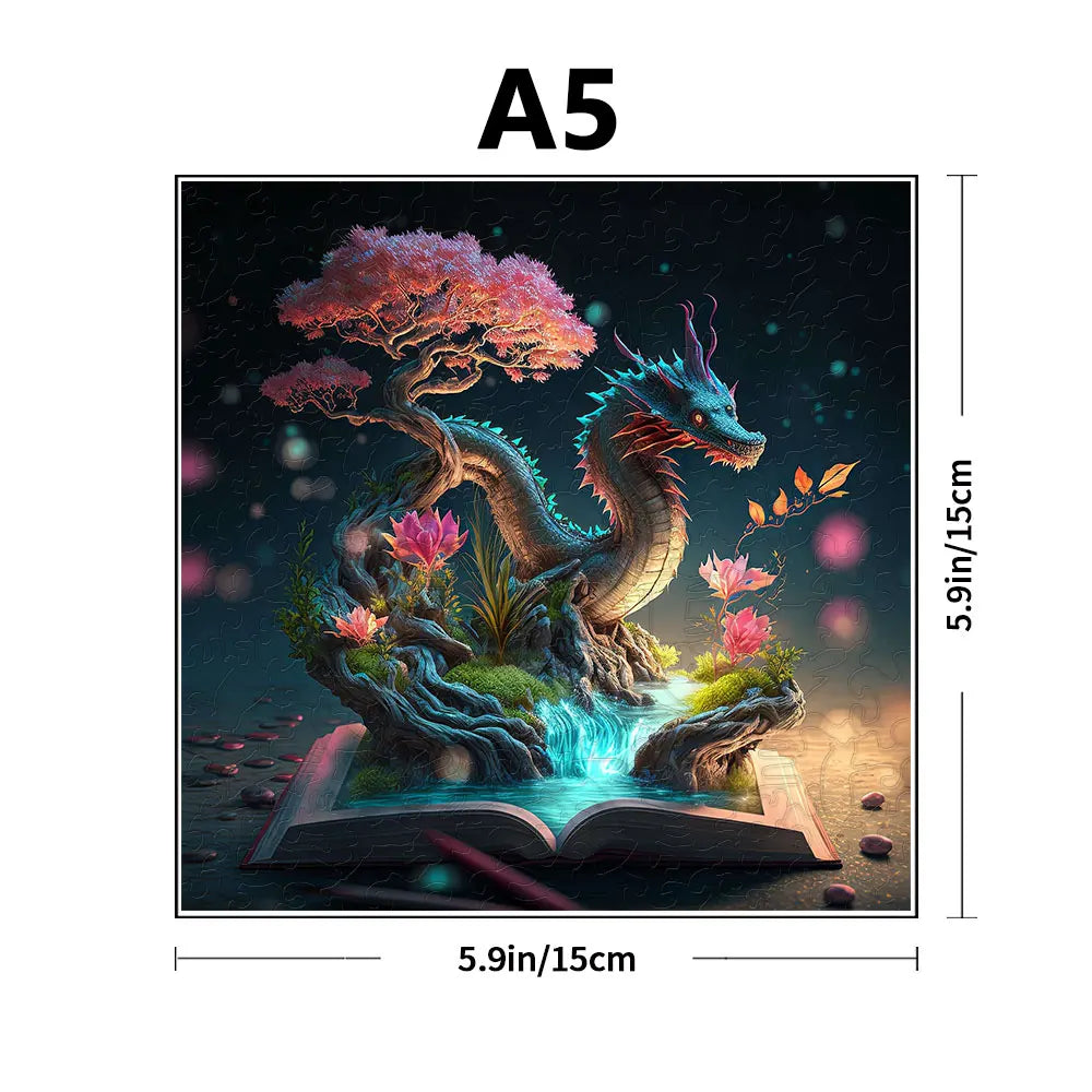 A digital painting of a dragon emerging from an open book, with pink and green foliage, set against a dark background.