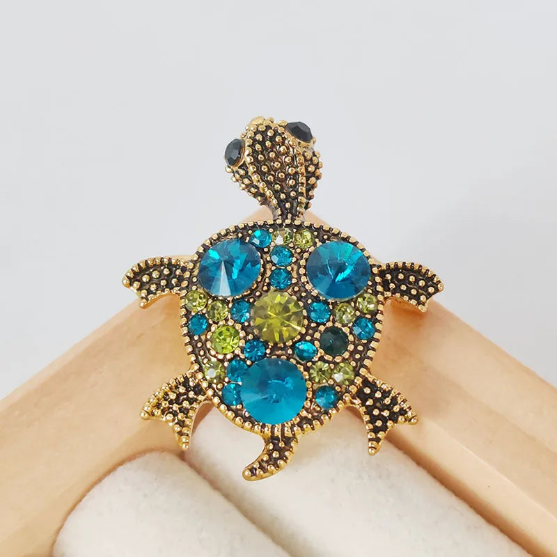 Gold-Plated Rhinestone Turtle Brooch Pin