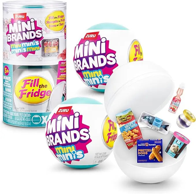 A collection of Mini Brands mystery balls and a packaged mini brand collectible in various colors.