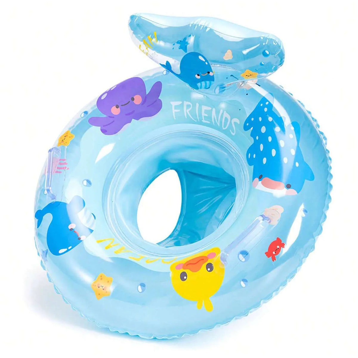 A light blue inflatable baby swim ring featuring a smiling blue animal face and friends design.