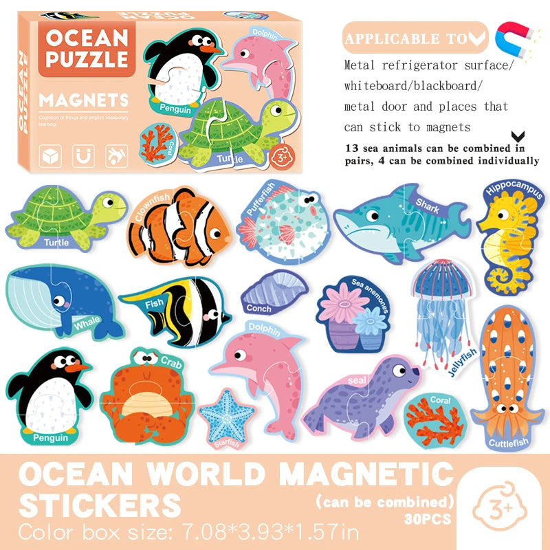 Ocean puzzle magnets featuring sea animals like penguins, turtles, sharks, and dolphins for kids