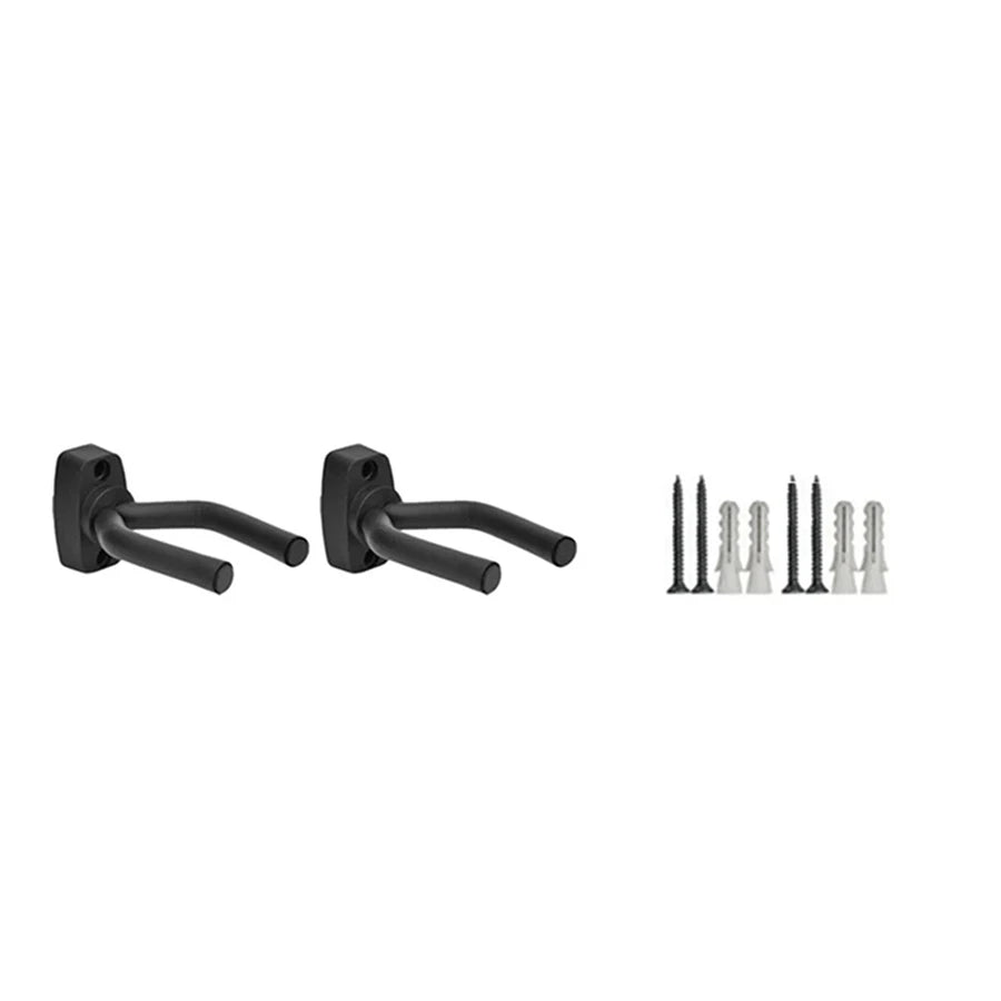 Black wall-mounted guitar holder with non-slip cradle and mounting hardware.