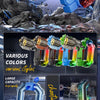 A close-up view of an electric water blaster toy with various colored lights and features, set against a rocky background.