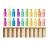 A set of colorful glass bottles in various shades of pink, green, blue, and orange arranged in a row.