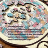 A wooden jigsaw puzzle featuring numerous cat-shaped pieces arranged in a circular pattern.