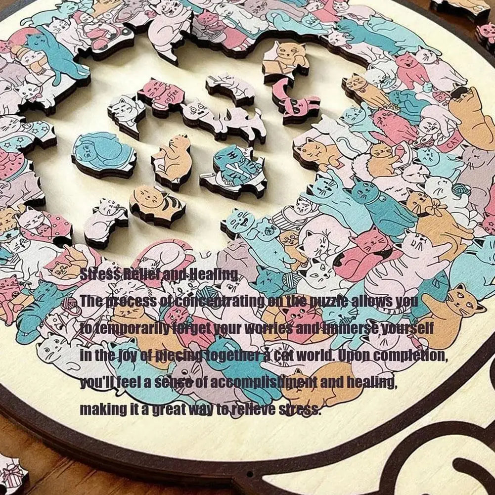 A wooden jigsaw puzzle featuring numerous cat-shaped pieces arranged in a circular pattern.