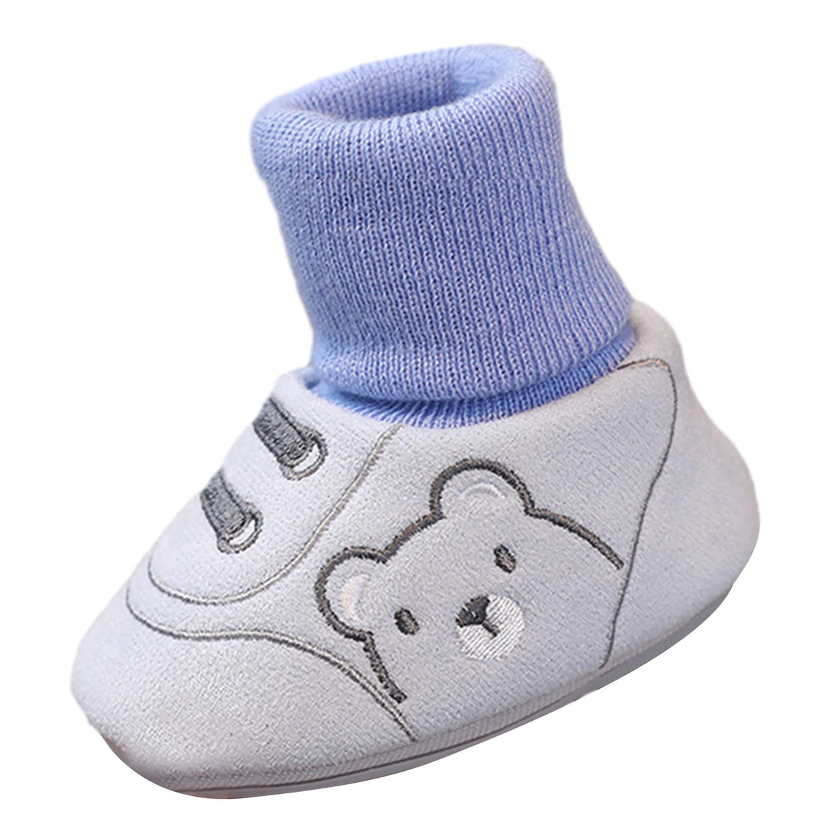 A pair of light gray baby soft sole first walker shoes with a light blue cuff and anti-slip TPR sole.
