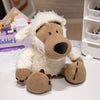 A soft, cuddly plush toy of a dog wearing a sheep costume, featuring brown and white fur.