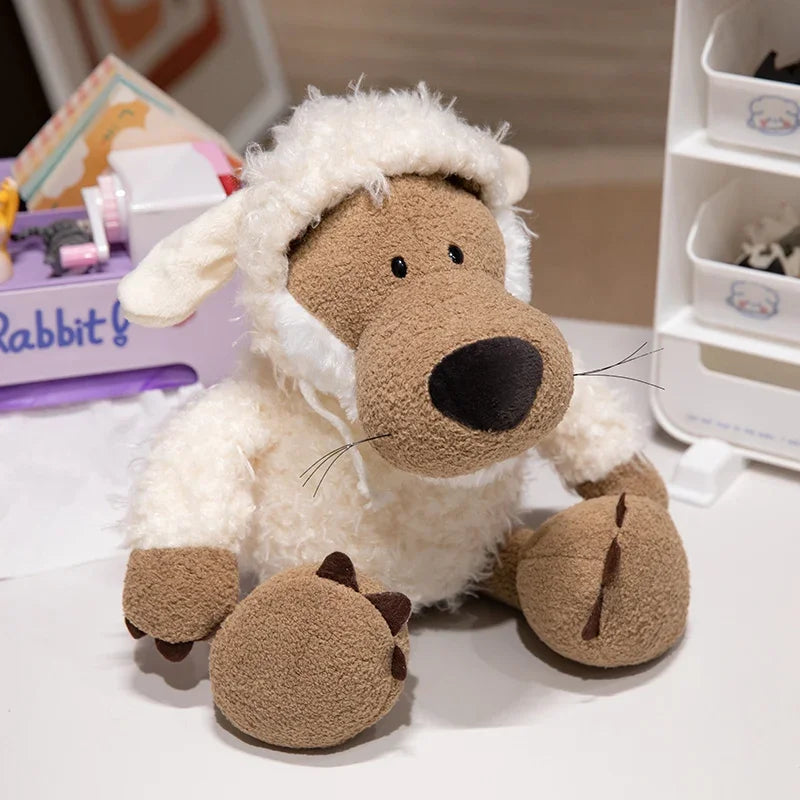 A soft, cuddly plush toy of a dog wearing a sheep costume, featuring brown and white fur.