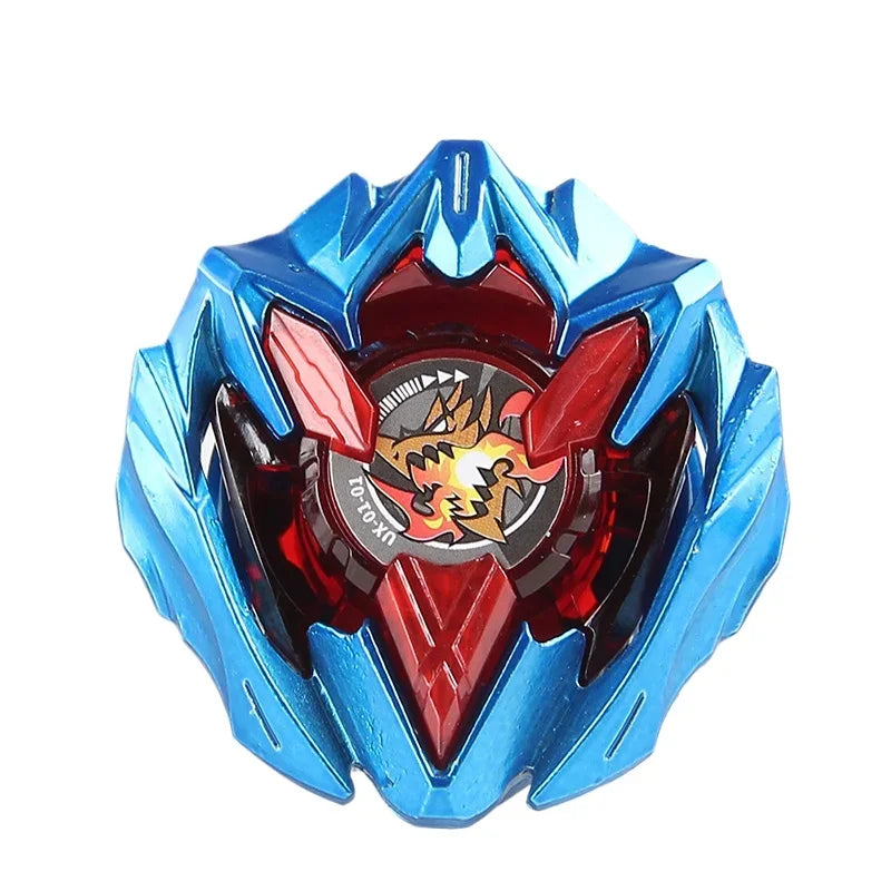A blue metal spinning top with a red center and sharp, angular design.