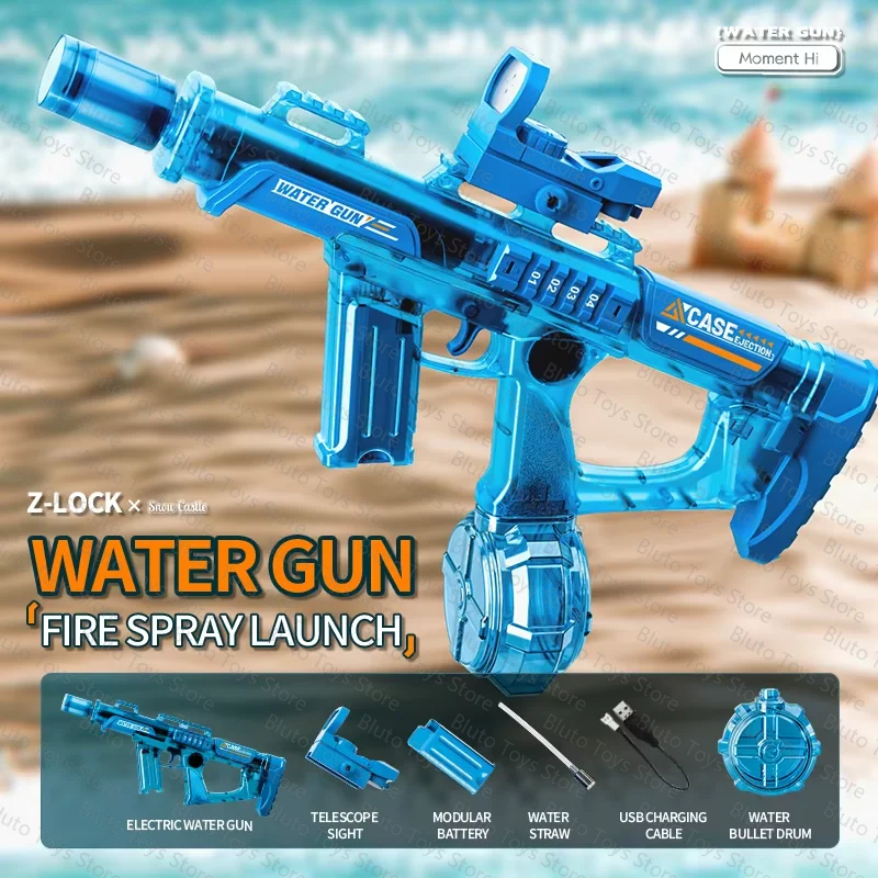 Blue Z-Lock water gun with a barrel and grip, shown against a blurred background.