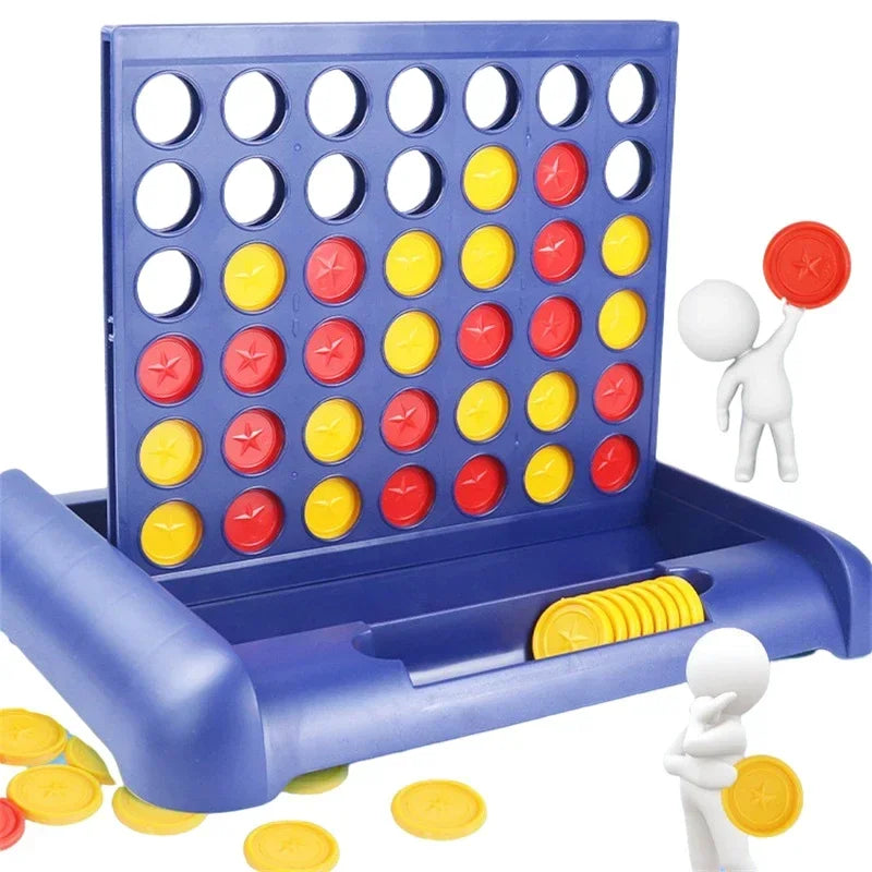 A blue Foldable Connect 4 in a line board game with yellow and red discs and a white figure.