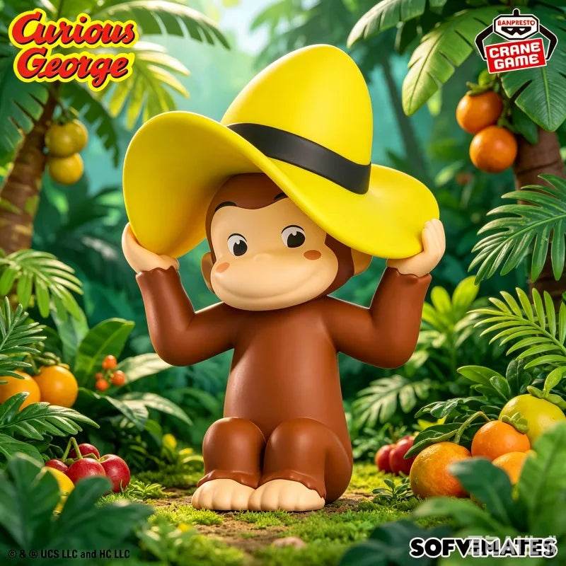 A collectible figure of Curious George in a yellow hat sitting in a lush green jungle environment.