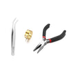 A complete jewelry making kit showing pliers, jump rings, and crimps for crafting jewelry.