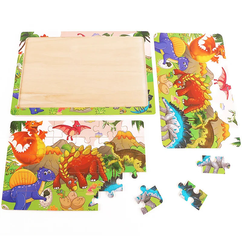 A set of 30 wooden jigsaw puzzles featuring various animals and vehicles for kids.