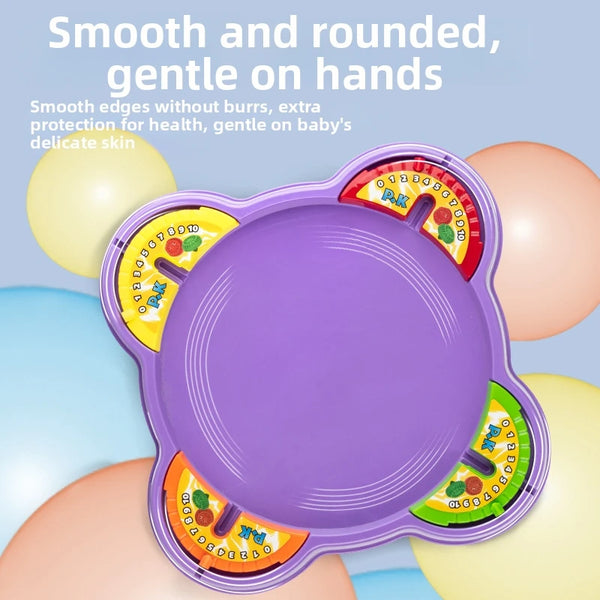 A purple pull-string spinning top game with colorful rings and edges, shown against a background of balloons.