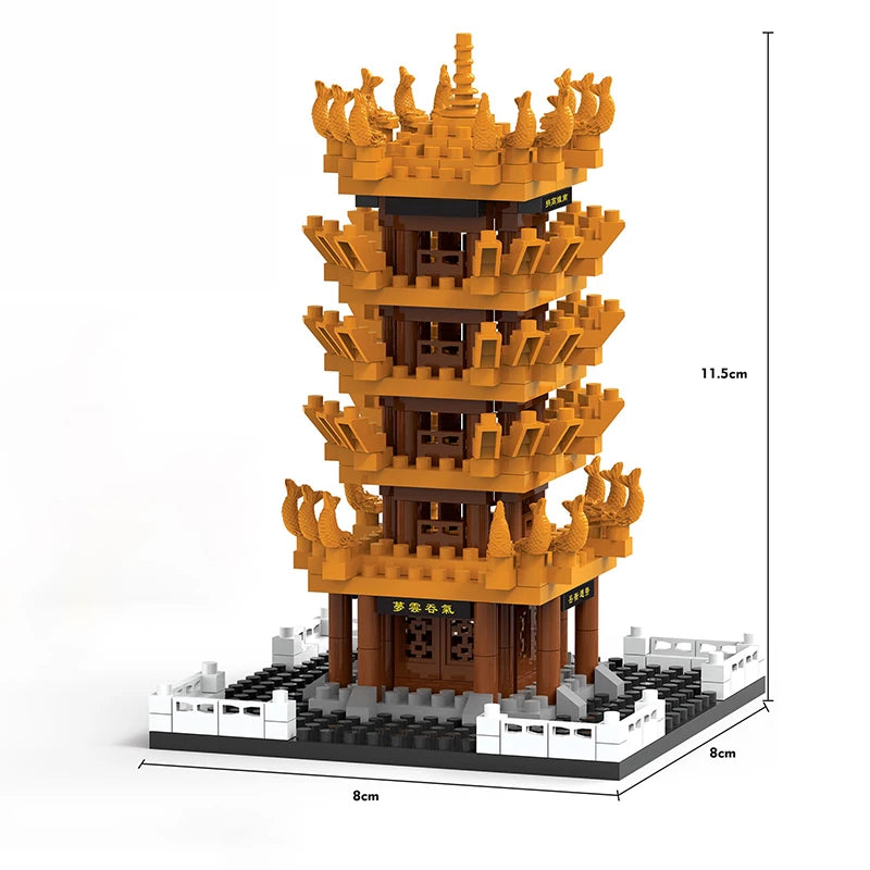A detailed model kit of the Yellow Crane Tower built from orange and brown micro building blocks.