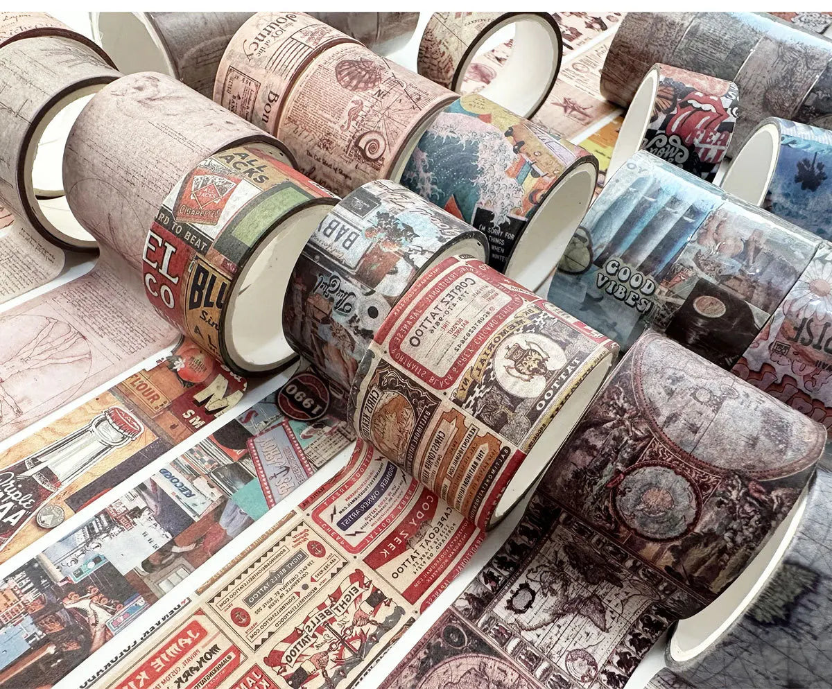 A collection of vintage patterned washi tape rolls in various colors and designs for crafting.