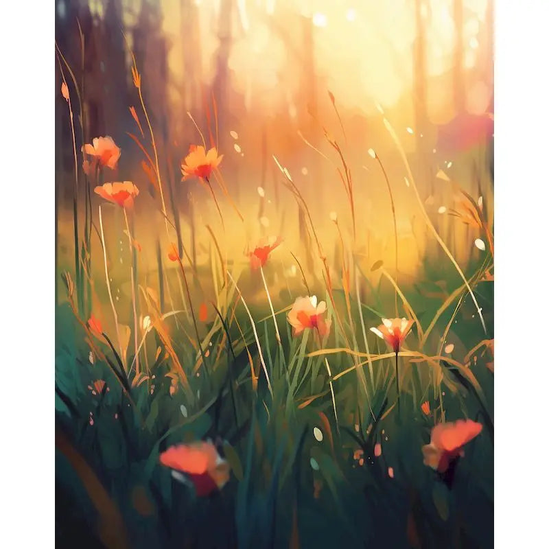 An oil painting style image of a sunlit meadow with tall grasses and orange flowers.