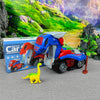 A blue and red transforming dinosaur robot car toy is displayed in front of a lush green landscape background.