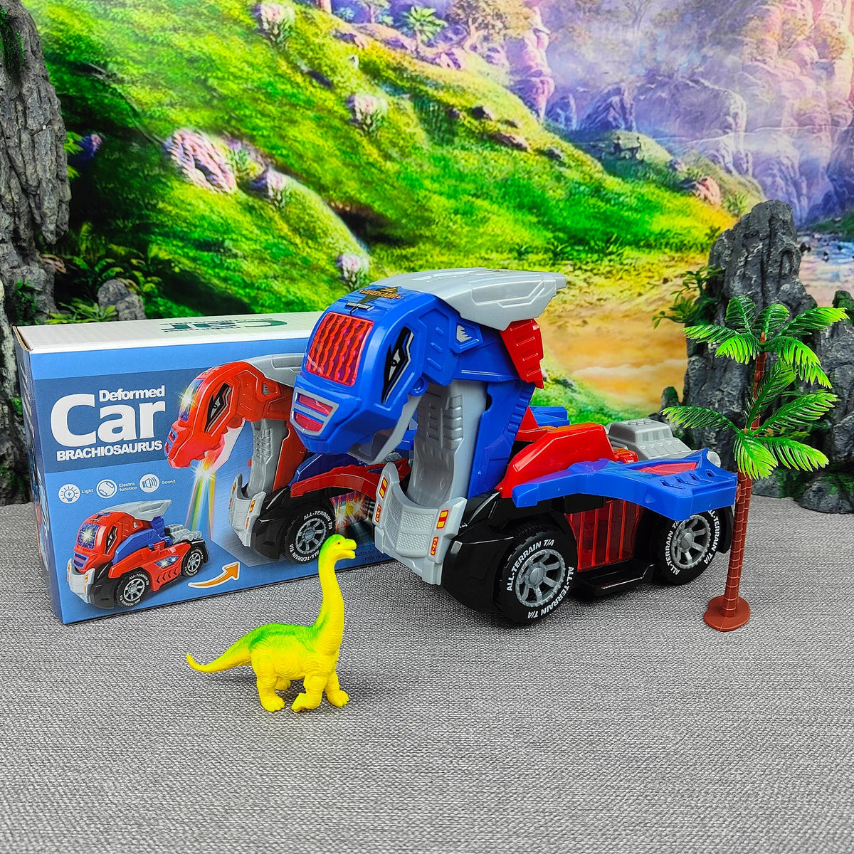 A blue and red transforming dinosaur robot car toy is displayed in front of a lush green landscape background.