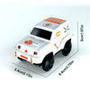 A white race track car toy set with orange accents and a number 9 on the hood, shown from the side.