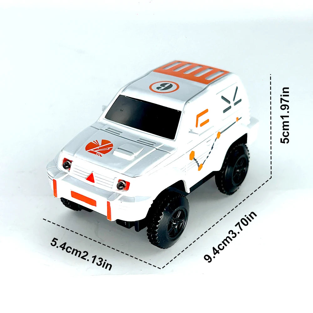 A white race track car toy set with orange accents and a number 9 on the hood, shown from the side.