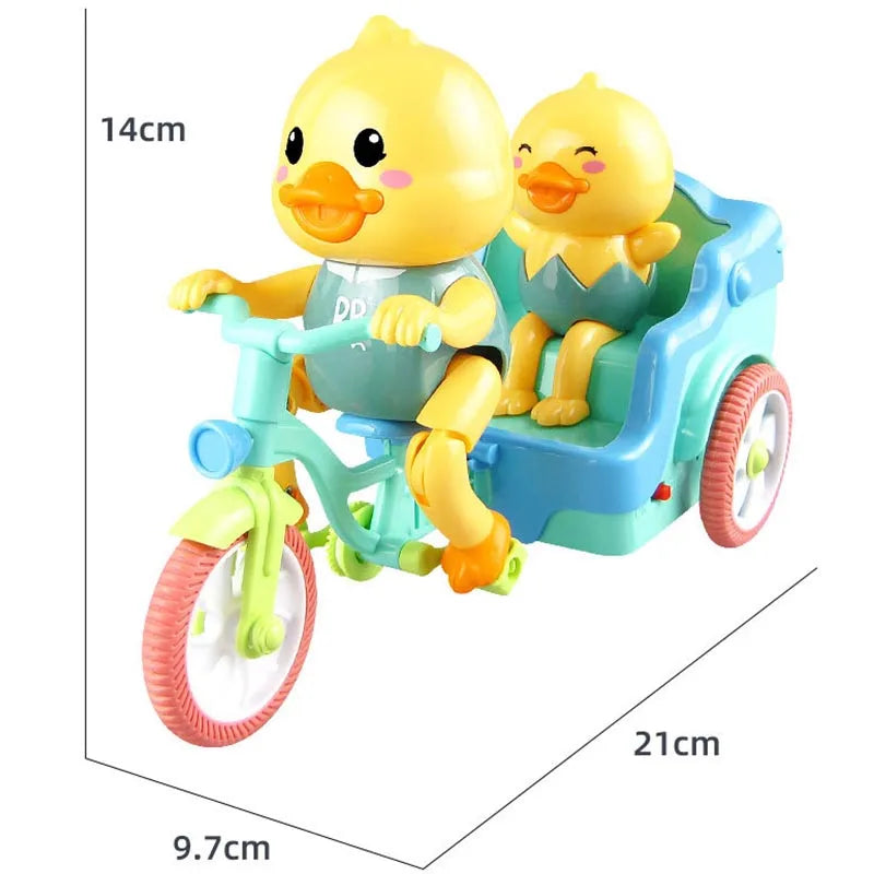 A yellow duck plush toy is seated in a blue electric tricycle with pink wheels.