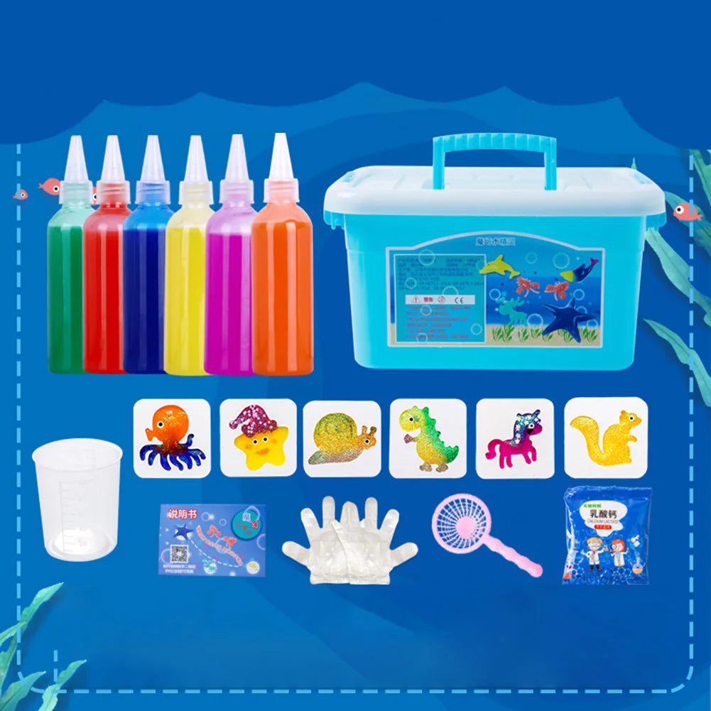 A Magic Water Elf DIY craft kit featuring assorted colored gel molds, tools, and a storage container.
