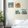 A collection of vibrant diamond painting art featuring sea turtles and coral, displayed on a wall.