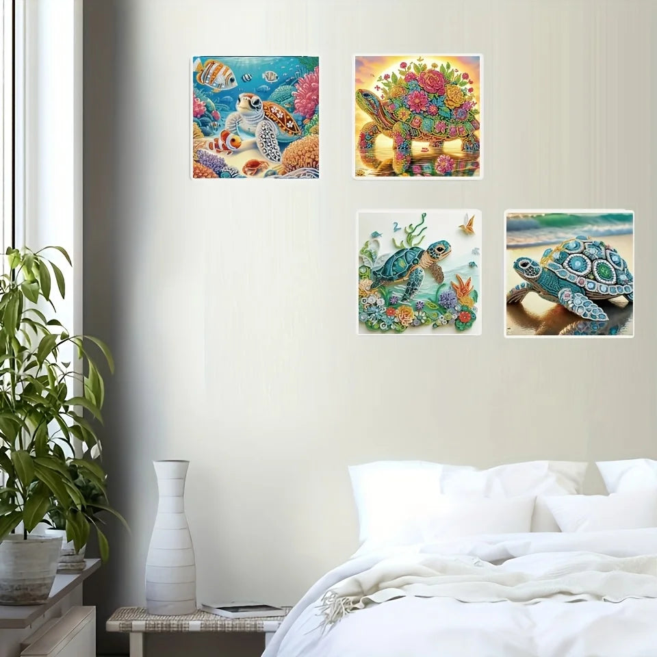 A collection of vibrant diamond painting art featuring sea turtles and coral, displayed on a wall.