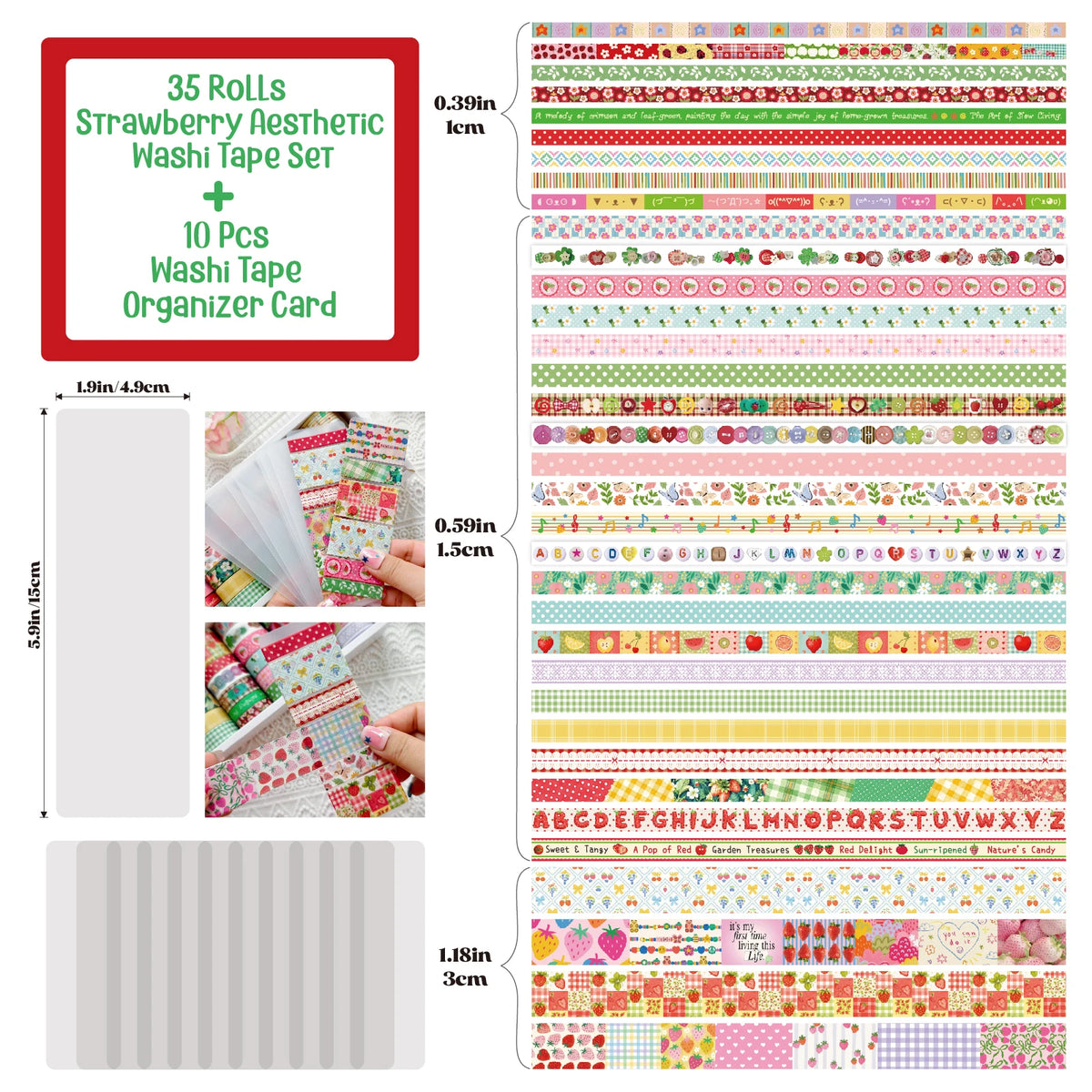 A set of 35 rolls of strawberry aesthetic washi tape, including a tape organizer card and ten pieces.