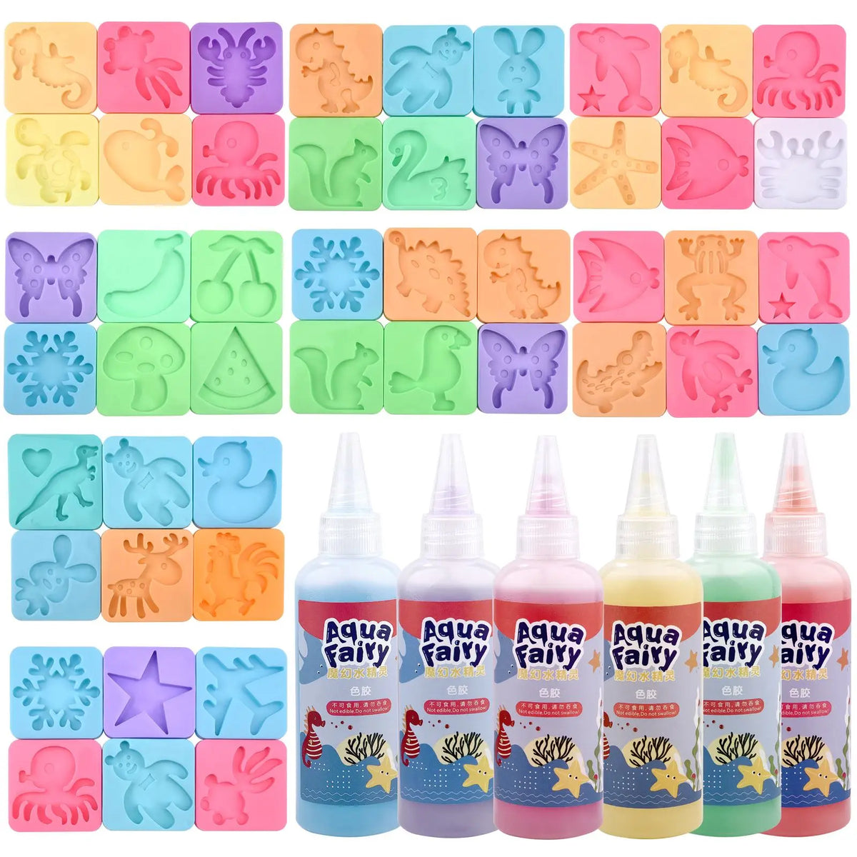A collection of colorful silicone molds and bottles for a Magic Water Elf DIY craft kit featuring ocean themes.