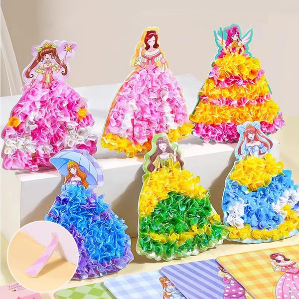 Colorful fabric art craft kits featuring princesses and floral designs for kids