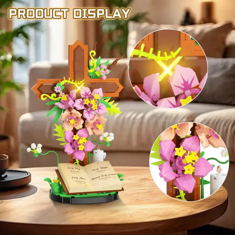A religious Easter cross floral building block kit displayed on a wooden table with close-up inset images.