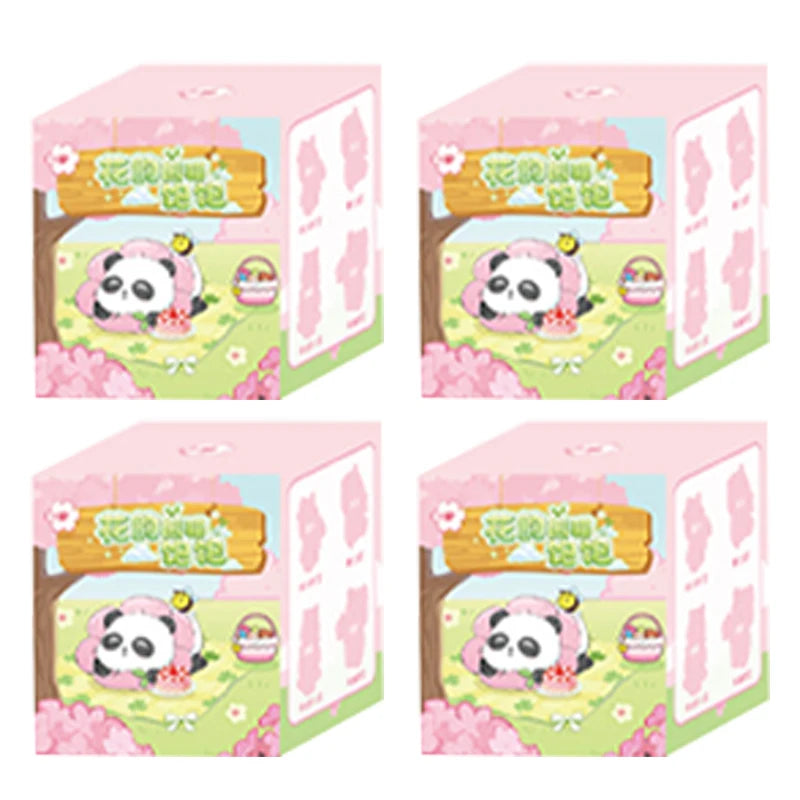 A blind box featuring a cute panda collectible figure and accessories displayed in its packaging.