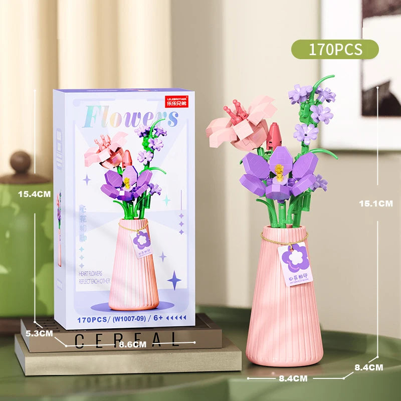 A set of 170 flower bouquet building blocks with a vase for DIY home decor