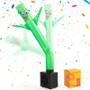 A green inflatable tube guy with a blower is shown, waving and standing on a black base.