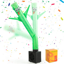 A green inflatable tube guy with a blower is shown, waving and standing on a black base.