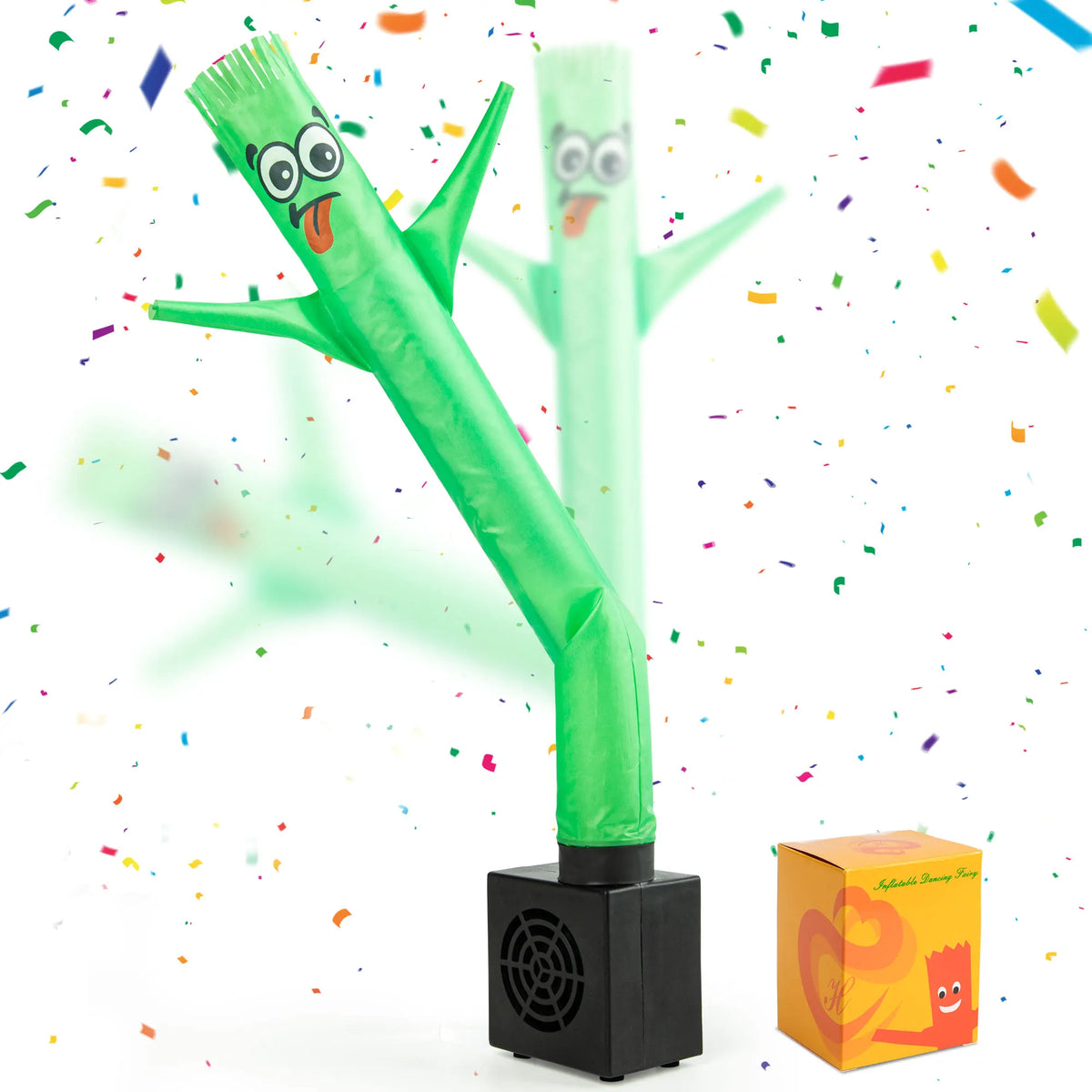 A green inflatable tube guy with a blower is shown, waving and standing on a black base.