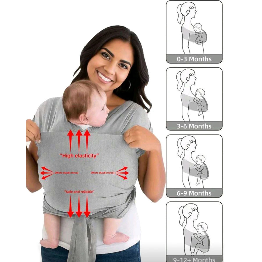A woman demonstrates the multi-functional knitted fabric baby carrier with various size options for infants.