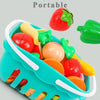 A portable storage basket filled with various plastic fruits like strawberries, apples, and oranges.