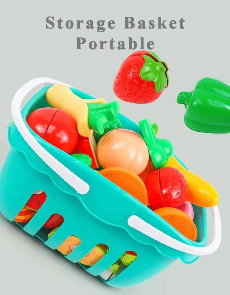 A portable storage basket filled with various plastic fruits like strawberries, apples, and oranges.