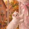 A fluffy white cat sits on a windowsill, looking out at autumn foliage through a window.