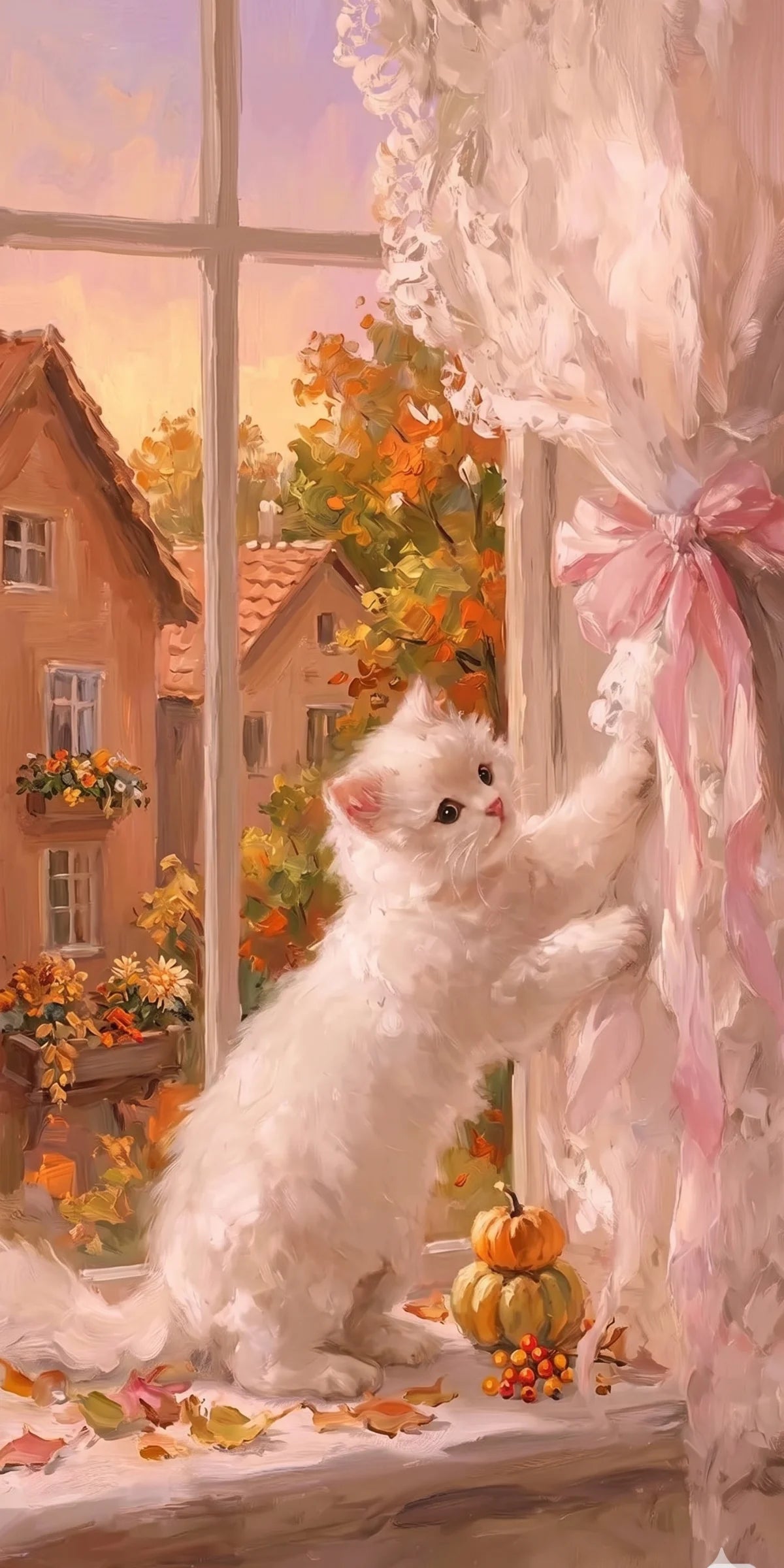 A fluffy white cat sits on a windowsill, looking out at autumn foliage through a window.