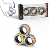 A box and three colorful magnetic fidget rings are shown, with a diagram illustrating how to use the rings.