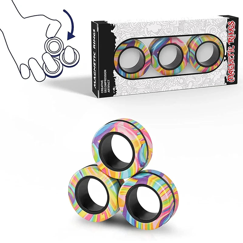 A box and three colorful magnetic fidget rings are shown, with a diagram illustrating how to use the rings.